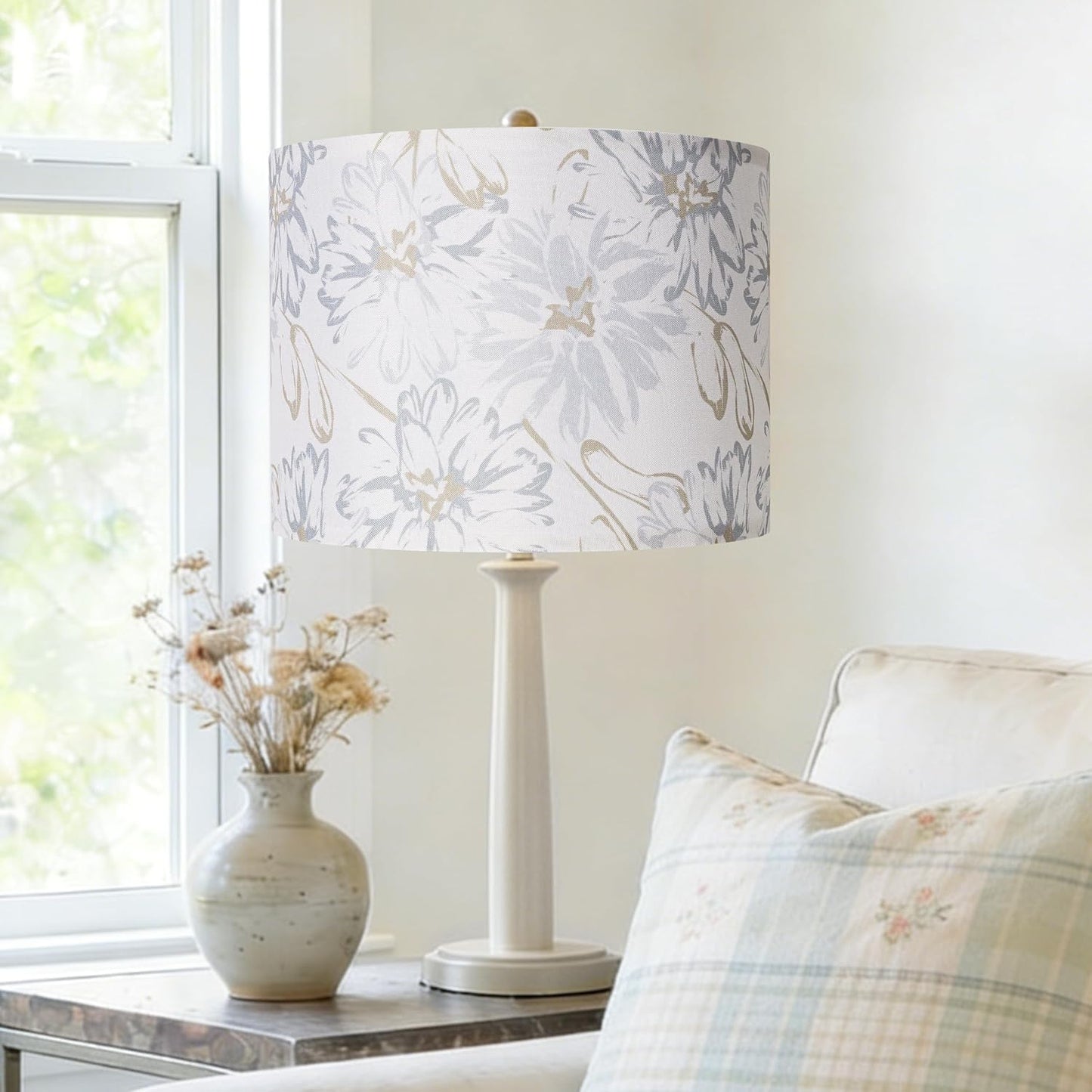Boho Lamp Shades Set of 2, Floral Fabric Drum Lampshades for Table or Floor Lamps, 13x13x10 Medium Size (Spider Fitter), Easy Assembly Required