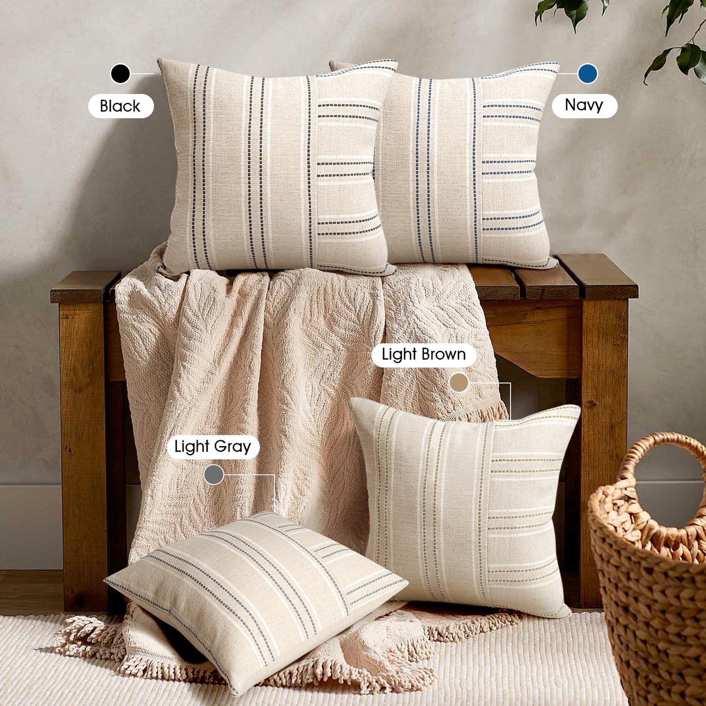 AELS 12x20 Decorative Farmhouse Linen Throw Pillow Covers, Boho Rectangle Lumbar Pillow Case, Set of 2, Beige with White & Gray Stripe Patchwork Cushion Cover for Sofa Couch Living Room (Cover ONLY)