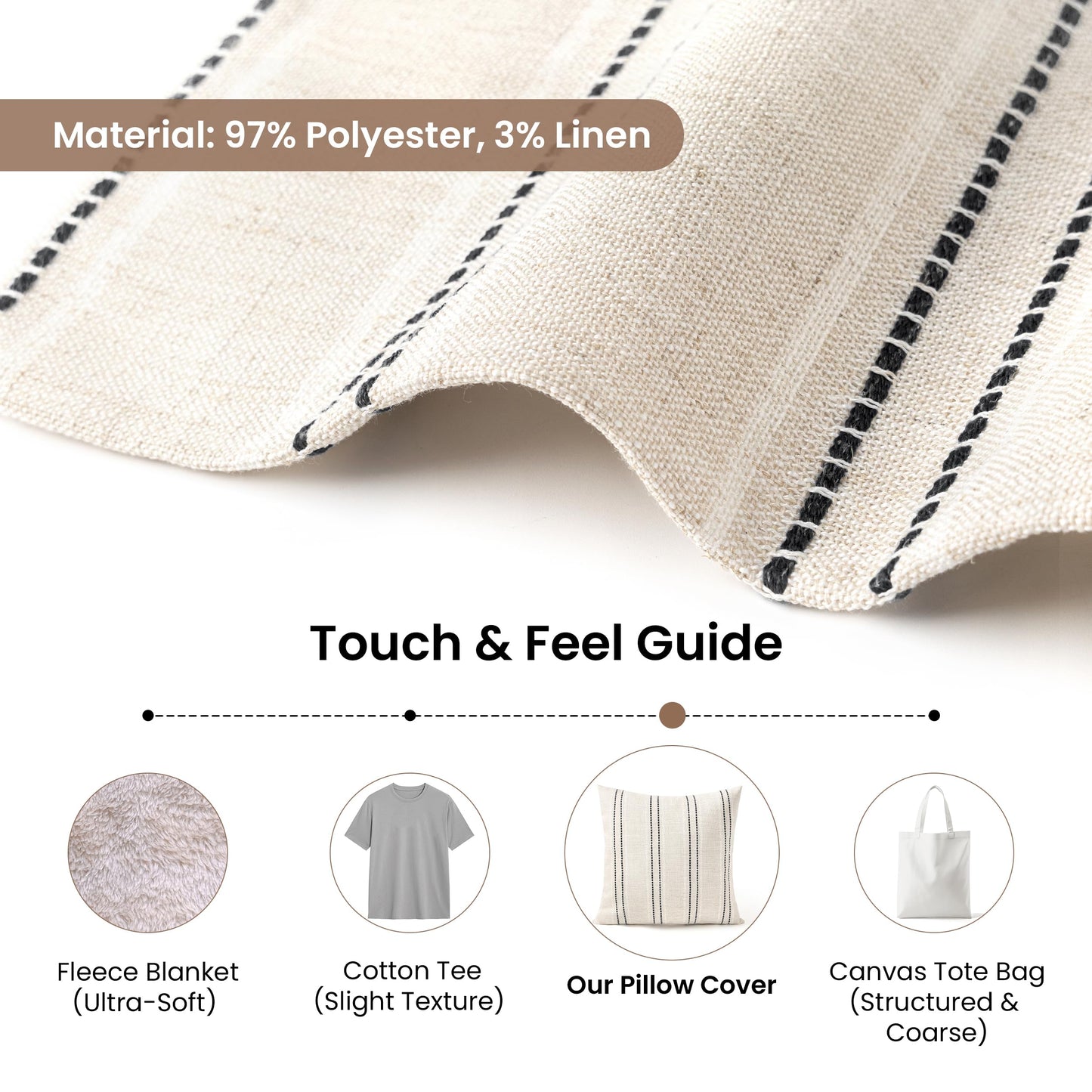 AELS 12x20 Decorative Farmhouse Linen Blend Throw Pillow Covers, Boho Textured Pillow Case, Set of 2, Beige with White & Brown Stitch Yarn Dyed Stripe Cushion Cover for Sofa Living Room (Cover ONLY)