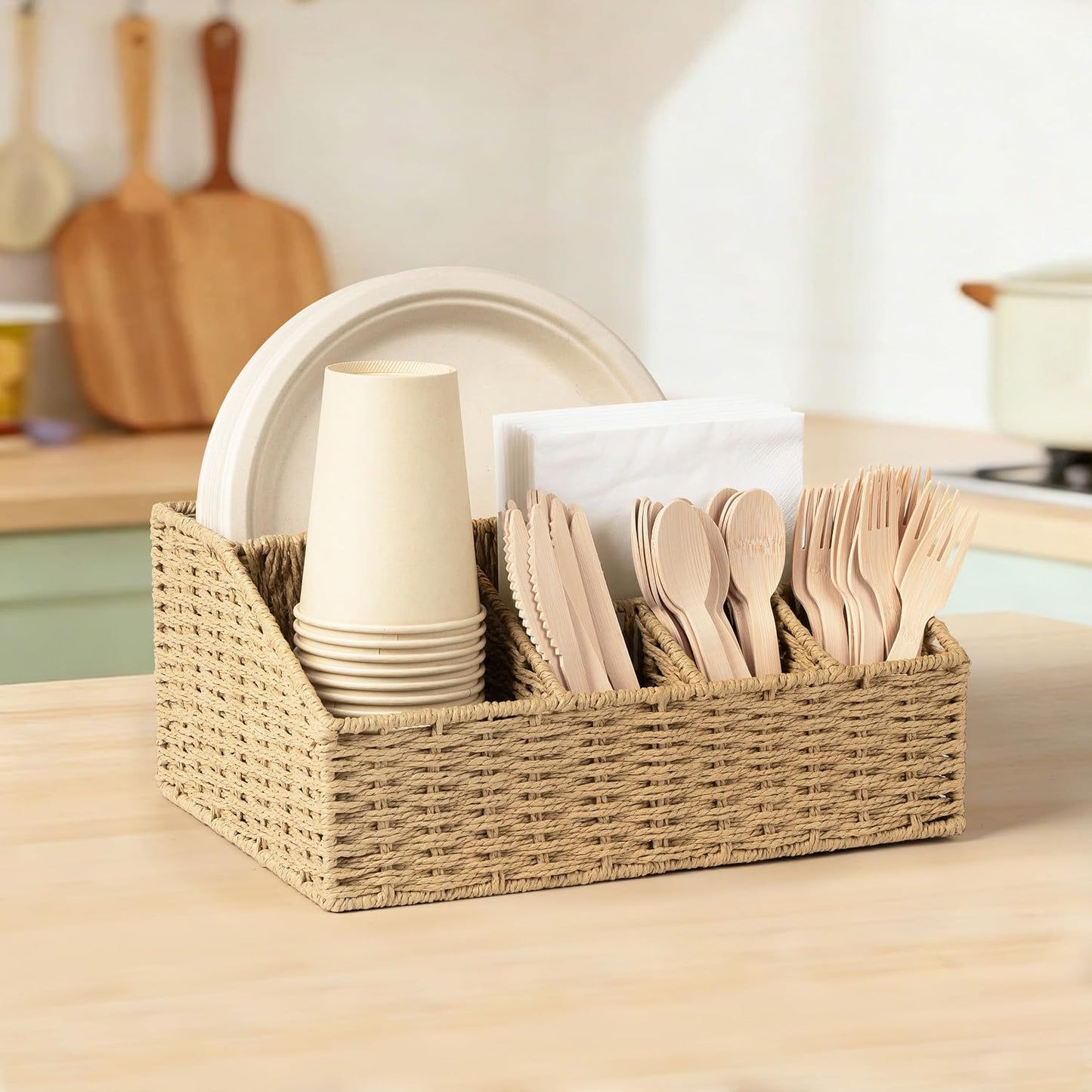 Woven Paper Plate Dispenser & Utensil Holder for Party, Rustic Countertop Storage Basket for Disposable Plates (7-12 Inch) & Paper Cups (8, 12, 16oz), Napkins, Forks, Knives, Spoons