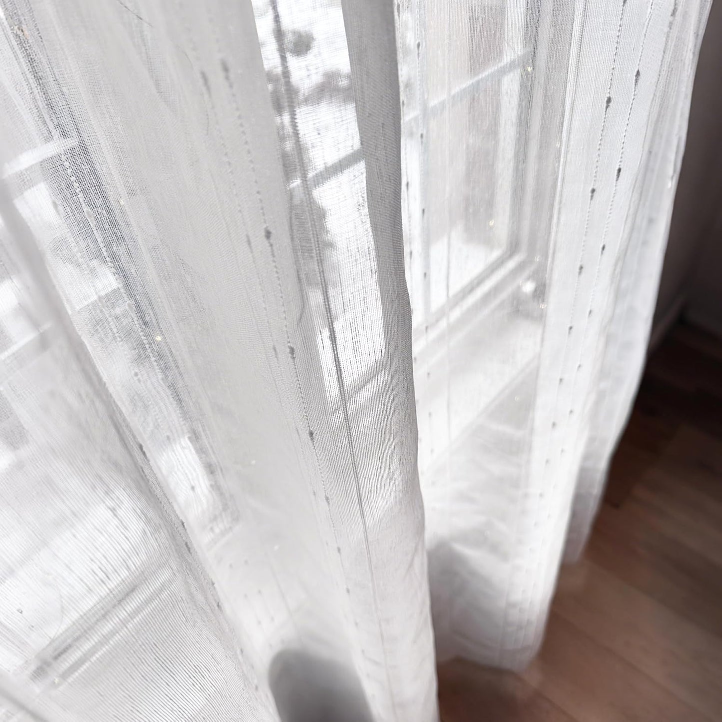 Creamy White Semi Sheer Curtains 52 x 84 Inches Long 2 Panels, White Striped Window Curtains for Living Room Bedroom, Boho Light Filtering Textured Voile Sheer Curtain, Layered Stripes