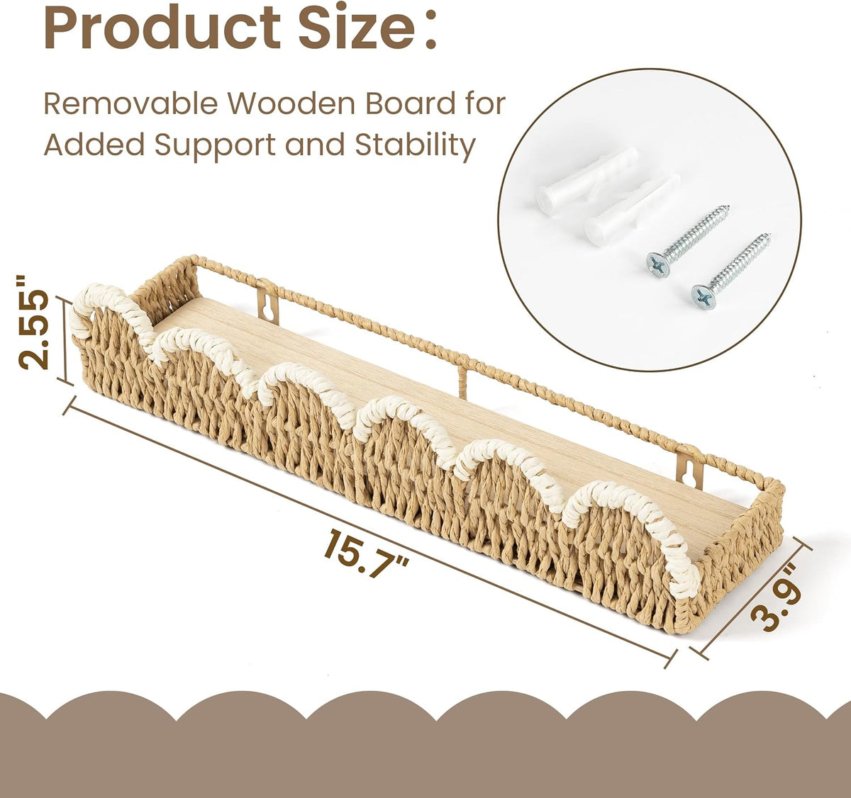 AELS Scalloped Nursery Bookshelf Set of 2, Woven Rattan Wall Shelf Beige