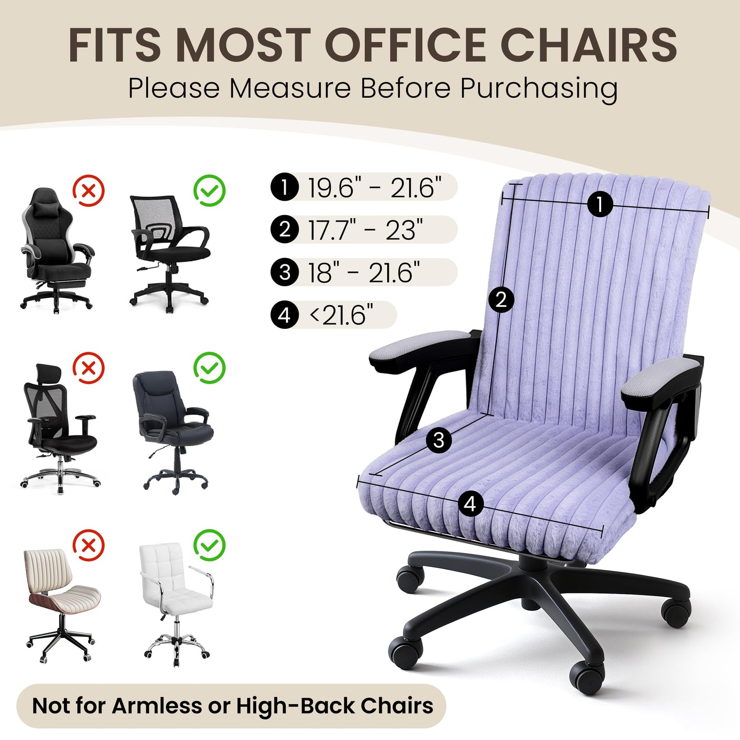 AELS Faux Fur Striped Office Chair Cover, Desk Chair Cover Computer Office Chair Covers - Fits Desk Chair/Armchair, Soft Breathable Fabric - Washable & Removable for Home & Office, Cream White