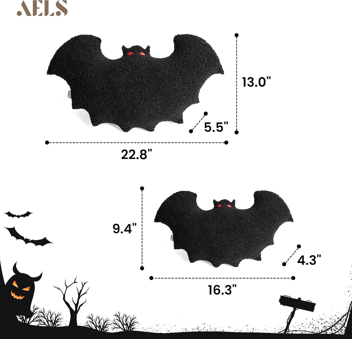 AELS Bat Pillow Set of 2, 23.6"&19.6" Bats Plush Pillow, Halloween Pillows for Holiday Party Home, Halloween Decorations for Living Room Bedroom, Black