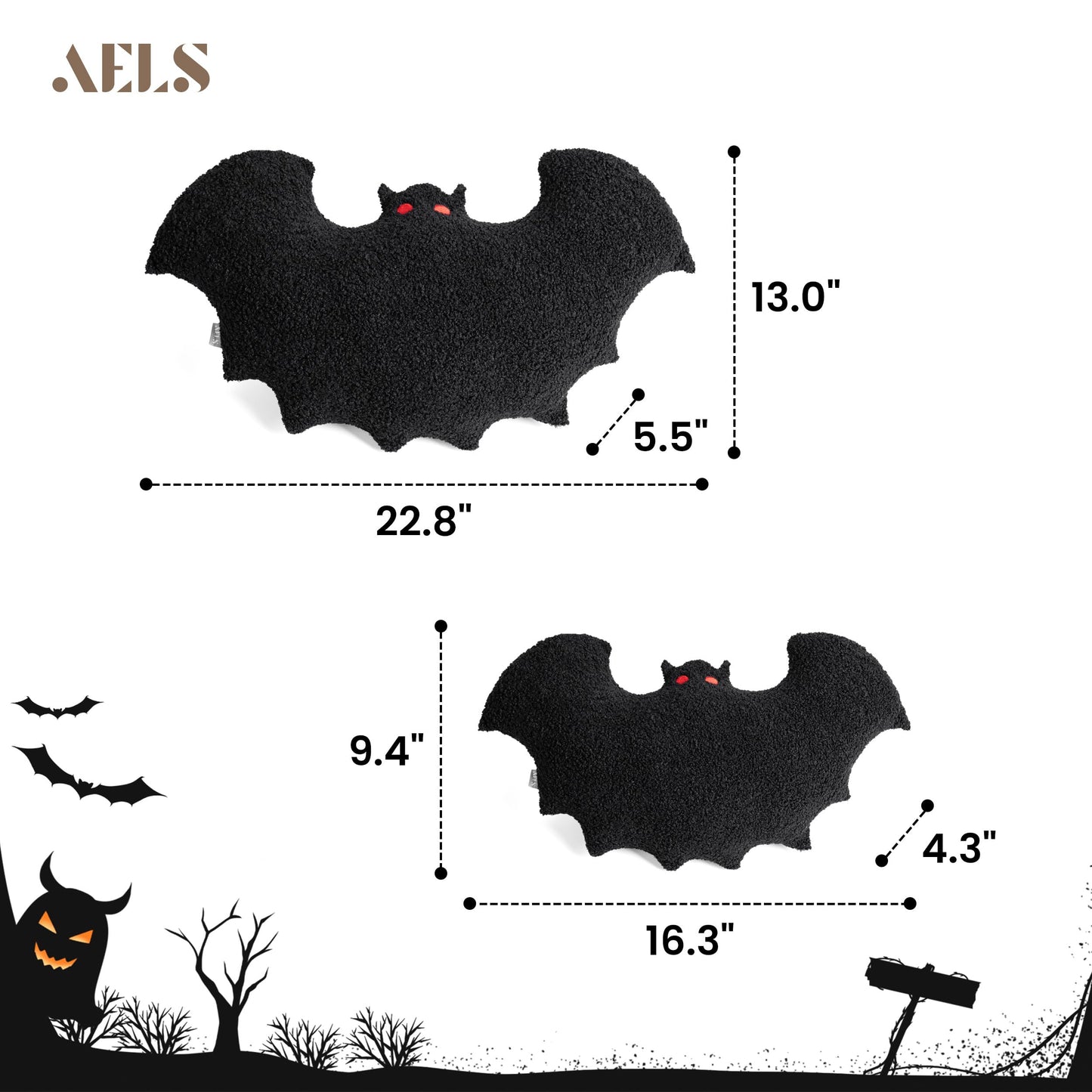 AELS Bat Pillow, 23.6" Bats Plush Pillow, Halloween Pillows for Holiday Party Home, Halloween Decorations for Living Room Bedroom, Black