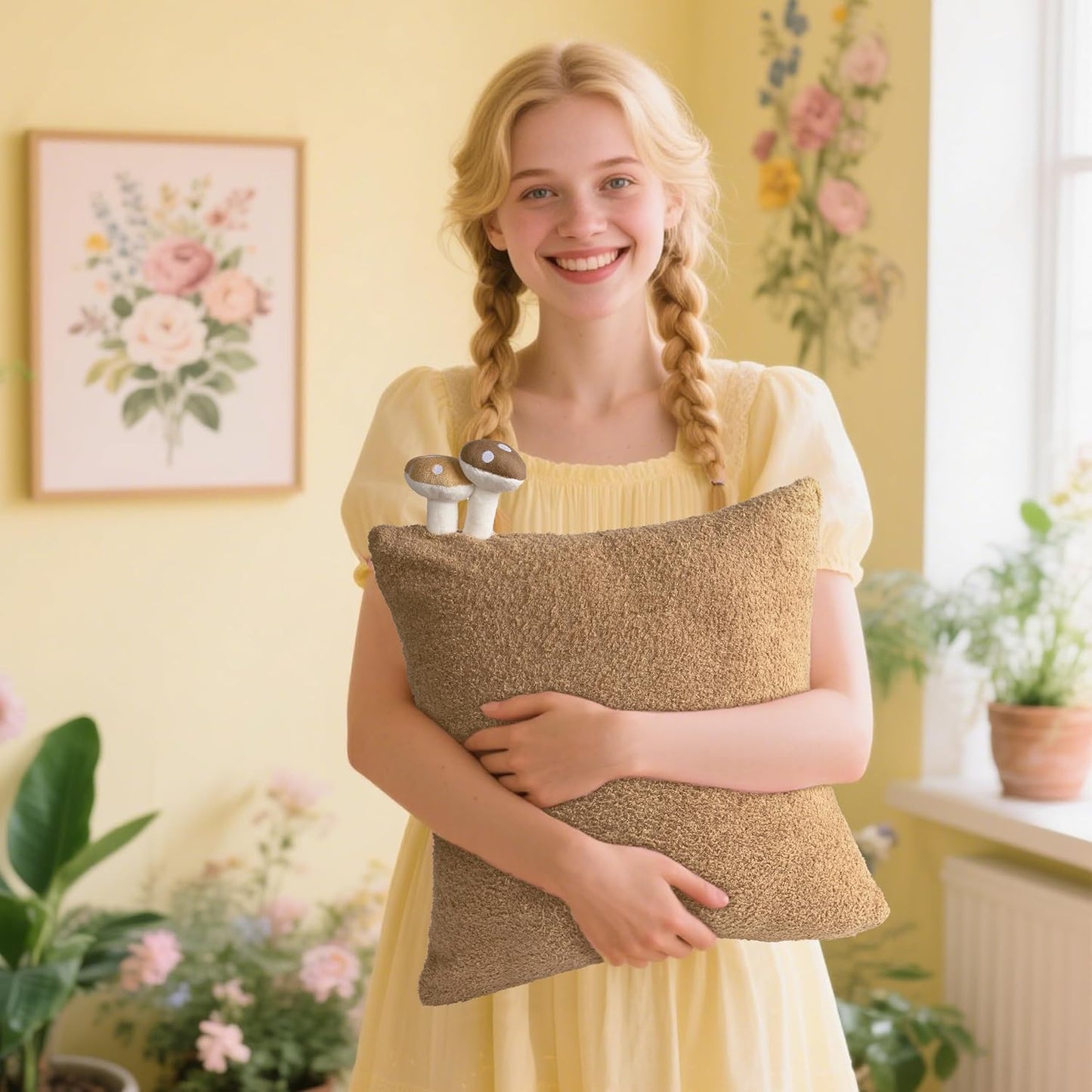 AELS Modern Farmhouse Decorative Mushroom Pillow Covers 18x18 with Two Small Mushrooms Plush Sewed in, Cozy Plush Cushion Case for Bed Couch Sofa, Brown