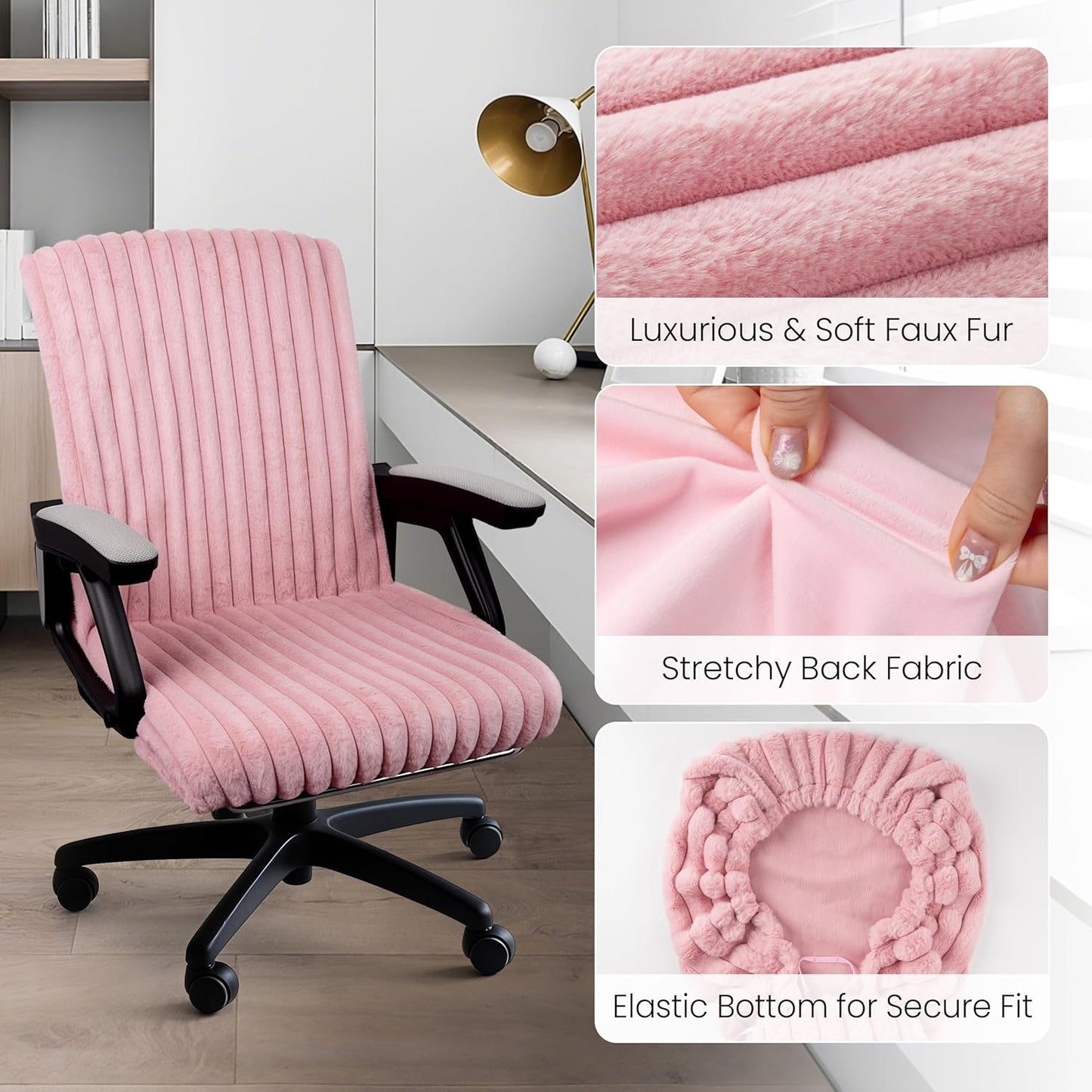 AELS Faux Fur Striped Office Chair Cover, Desk Chair Cover Computer Office Chair Covers - Fits Desk Chair/Armchair, Soft Breathable Fabric - Washable & Removable for Home & Office, Pink