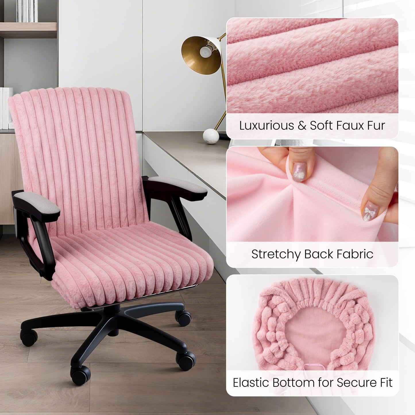 AELS Faux Fur Striped Office Chair Cover, Desk Chair Cover Computer Office Chair Covers - Fits Desk Chair/Armchair, Soft Breathable Fabric - Washable & Removable for Home & Office, Cream White