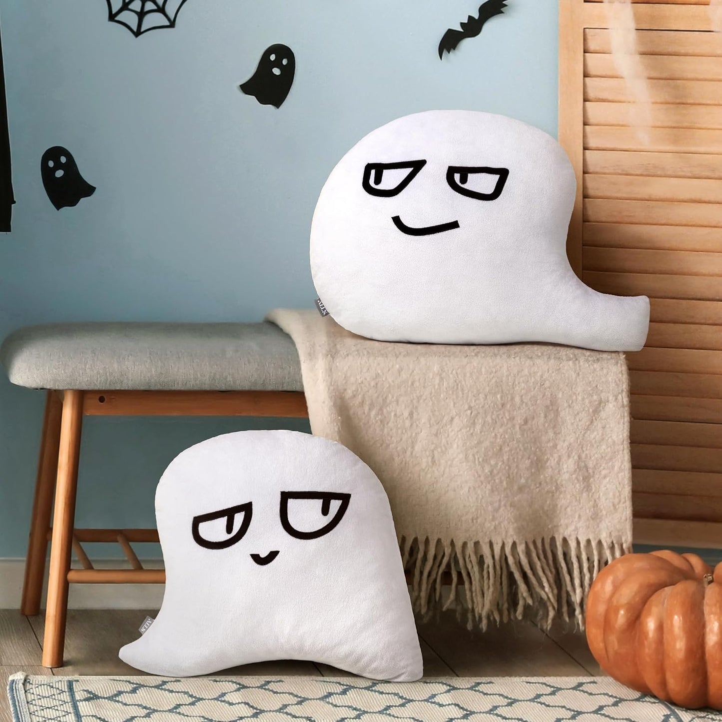 AELS Halloween Ghost Throw Pillow Set of 2, Cute Ghost Shaped Decorative Pillows for Home Holiday Parties, Spooky Halloween Decor for Living Room Bedroom, White