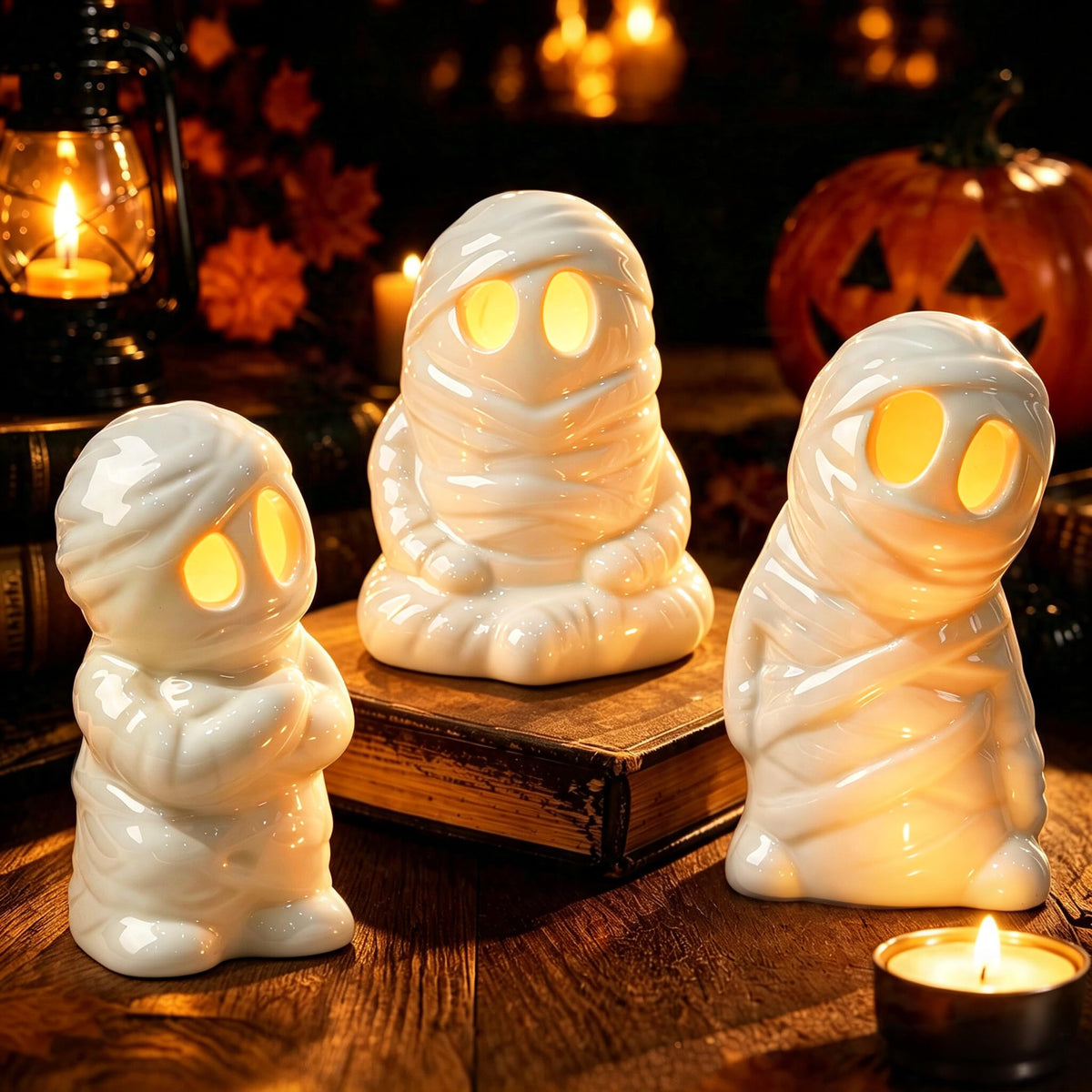 AELS Ceramic Ghost Candle Holder Set of 3, Halloween Tea Light Decor