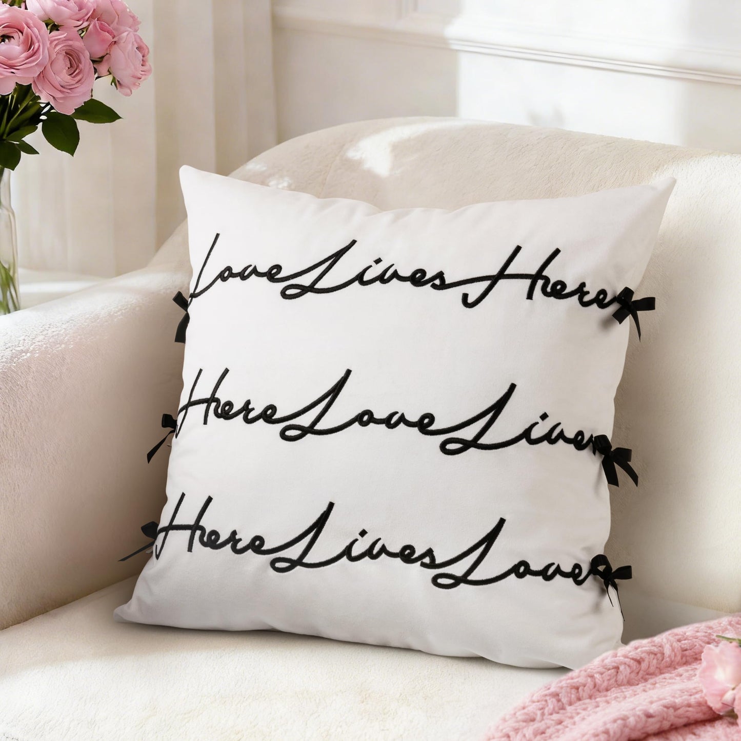 AELS Bow Pillow Cover, Text Design Velvet Bowknot Decorative Pillow Covers for Valentine's Day, Wedding, Christmas, Living Room, Bedroom, Nursery Decor, 18x18 Inch, Love Lives Here, Pink Cream White
