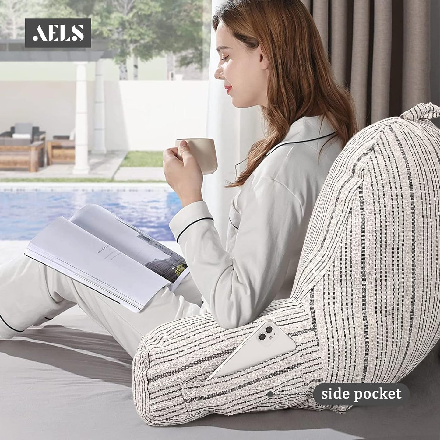 AELS Reading Pillow Replacement Cover (No Insert) with Arms and Pockets, 18" Beige with Gray Stripes Textured Backrest Pillow Cover Fits Standard Size Pillows (Cover ONLY)
