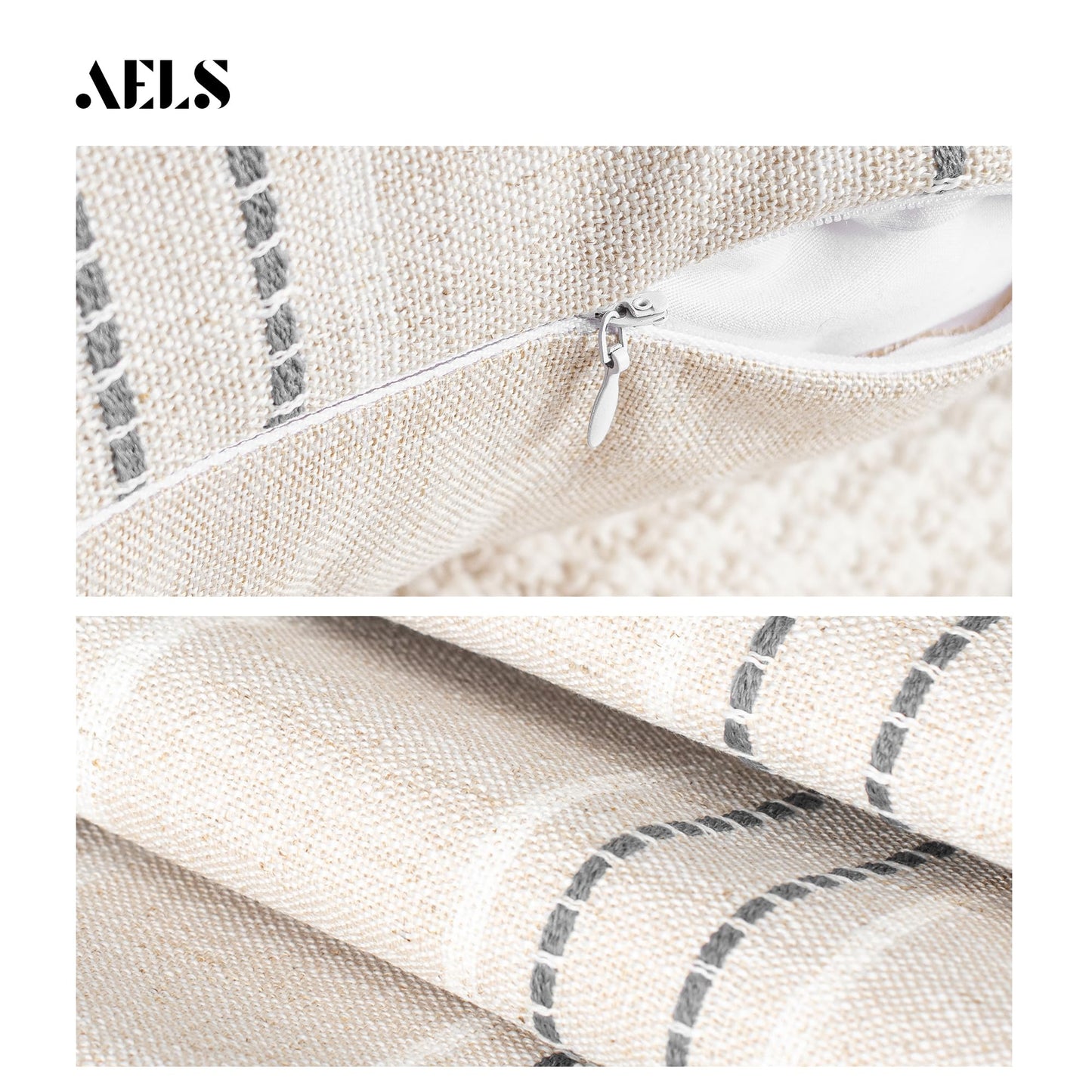AELS 12x20 Decorative Farmhouse Linen Throw Pillow Covers, Boho Rectangle Lumbar Pillow Case, Set of 2, Beige with White & Gray Stripe Patchwork Cushion Cover for Sofa Couch Living Room (Cover ONLY)