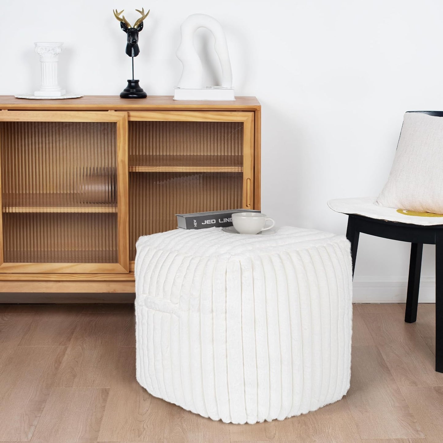 Unstuffed Modern Pouf Cover for Living Room, Mid Century Modern Storage Bean Bag Cubes, Creamy White Faux Fur Plush Sripe Square Ottoman Pouf Foot Rest Footstool, 18"x18"x18", Cover ONLY