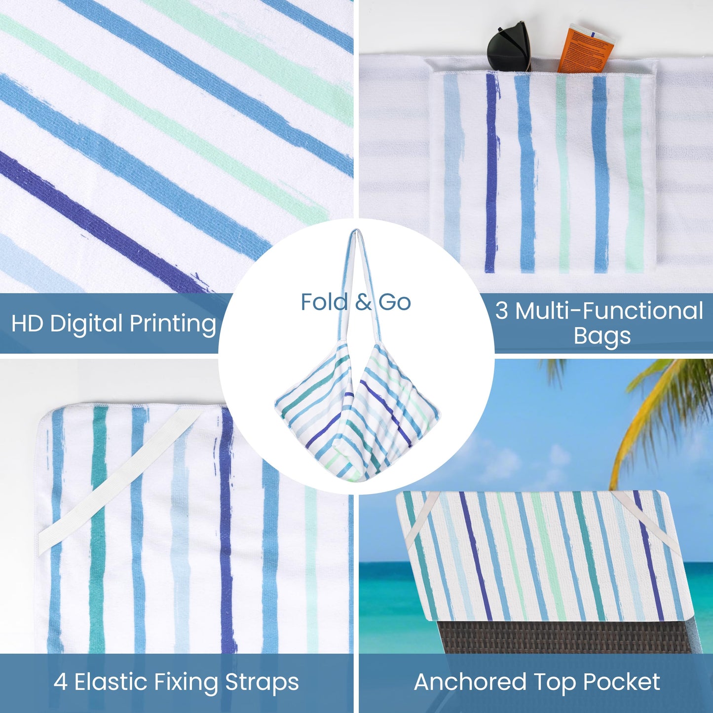 Lounge Chair Towel Cover, Pack of 2 - Microfiber Beach Towels with Pockets, Fits Outdoor Garden Beach Hotel Pool Chairs, Non-Slip & Portable Design, 85" X 30", Ombre Blue Stripes