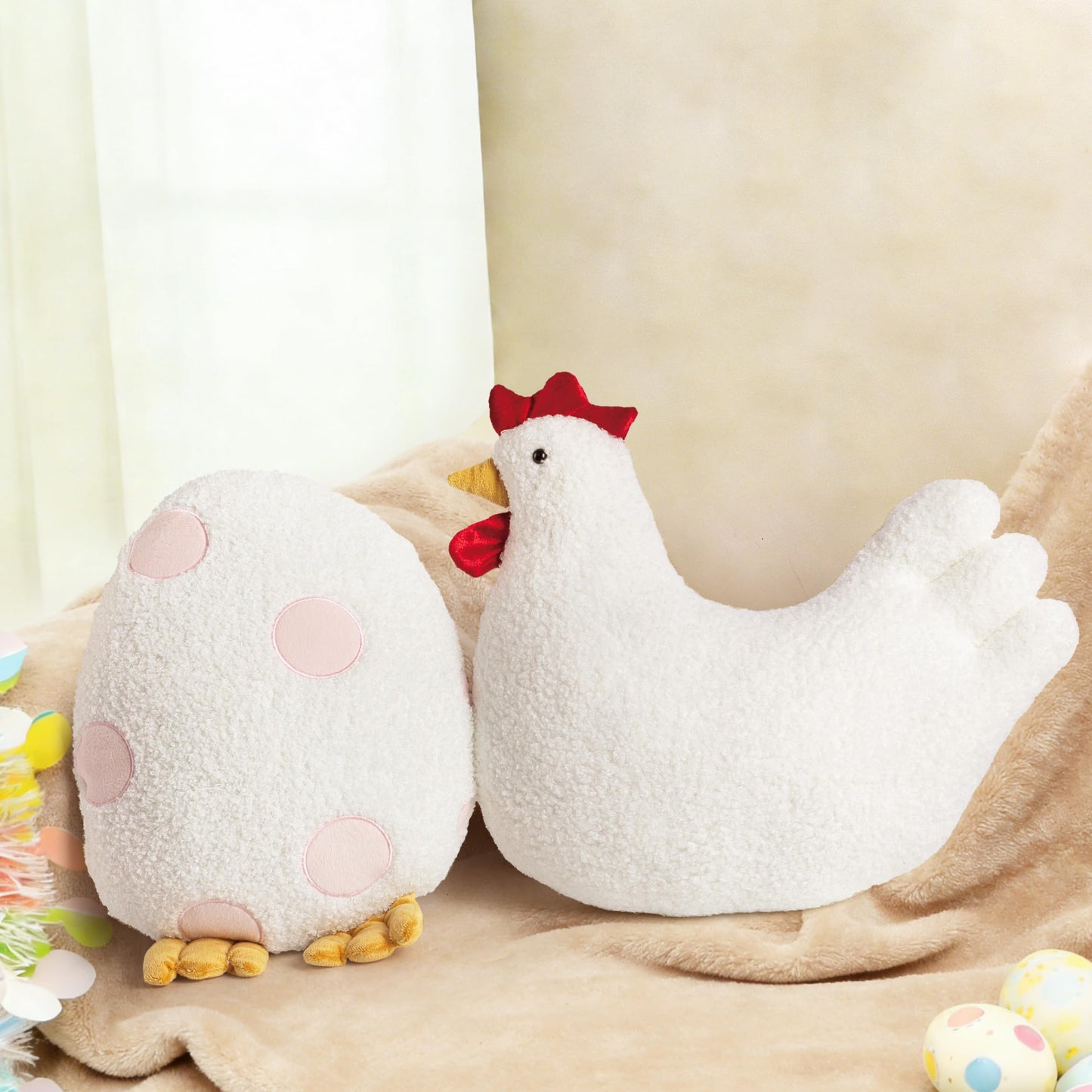 AELS Easter Egg & Chicken Shaped Throw Pillows, Set of 2, Easter Egg and Rooster Decorative Pillows, Spring Easter Decor for Sofa Couch Living Room Bedroom Nursery, White