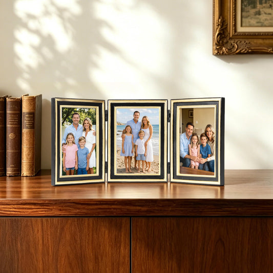AELS 4x6 Black and Gold Resin Hinged Picture Frame Set, Luxury Antique Photo Frame Collage, Vintage Triple Picture Frames, Trifold Photo Display with Real Glass, Desktop Tabletop Decor, Gift Ideas