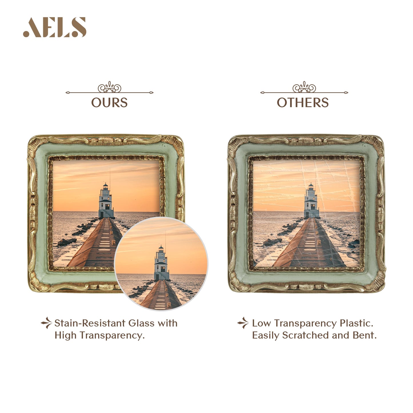 AELS 4x4 Inch Vintage Picture Frame, Elegant Antique Square Photo Frames with Glass Front, Photo Display, Tabletop Wall Hanging, Gift Ideas, Gold and Green