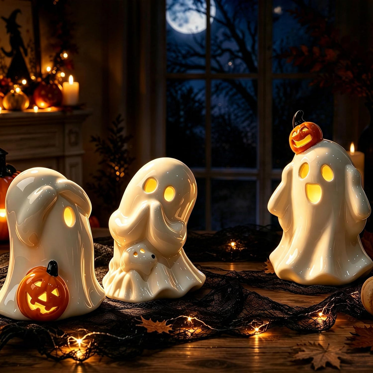 AELS Ceramic Ghost Candle Holder Set of 3, Halloween Tea Light Decor