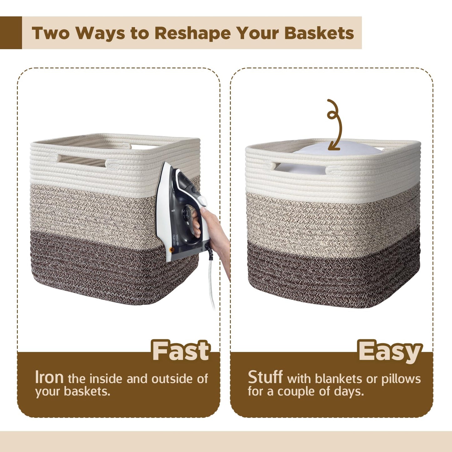 Hand Woven Cotton Basket for Storage, Cube Storage Bins with Handles, Foldable Collapsible Closet Organizers and Storage, Boho Farmhouse Storage Cubes for Shelves, Beige