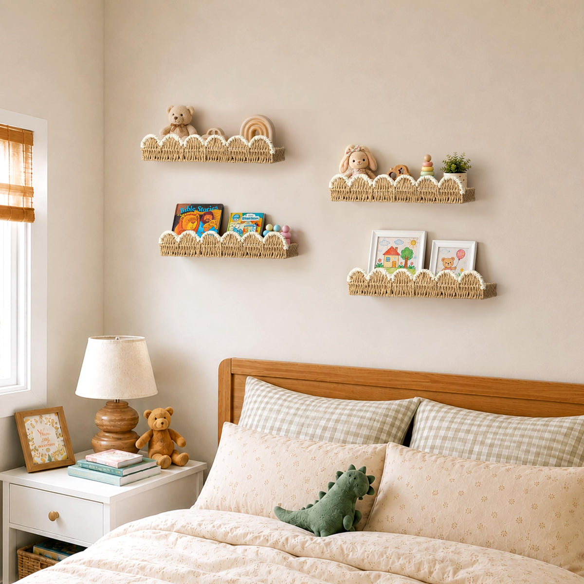 AELS Scalloped Nursery Bookshelf Set of 2, Woven Rattan Wall Shelf Beige