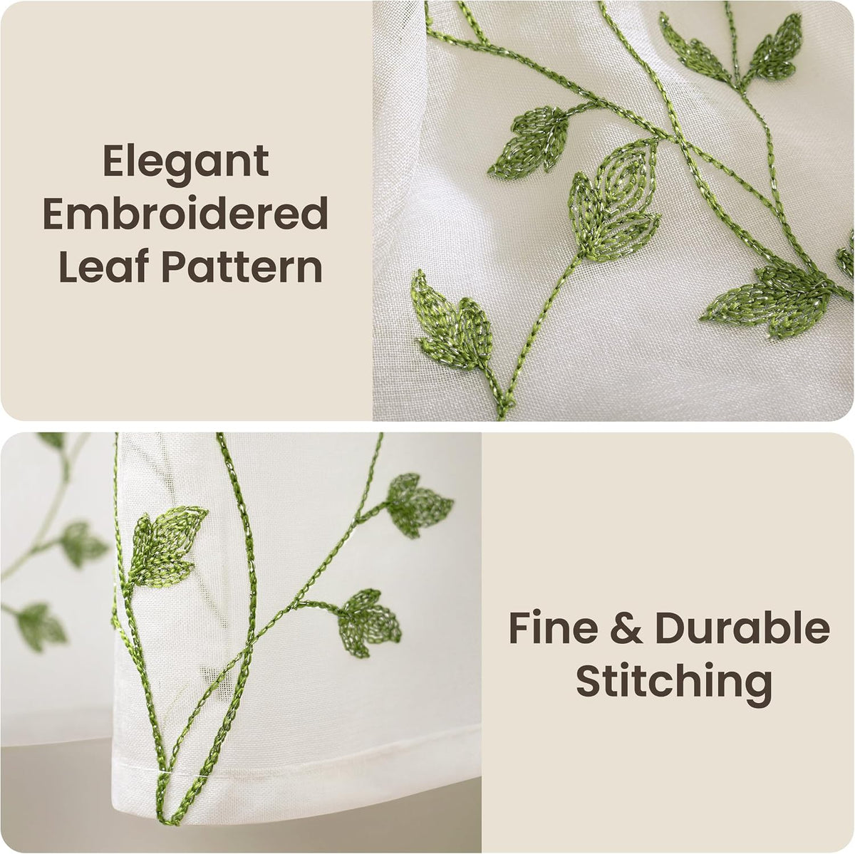 AELS Embroidered Sheer Curtains 84 Inches Long 2 Panels Set, Green Leaf