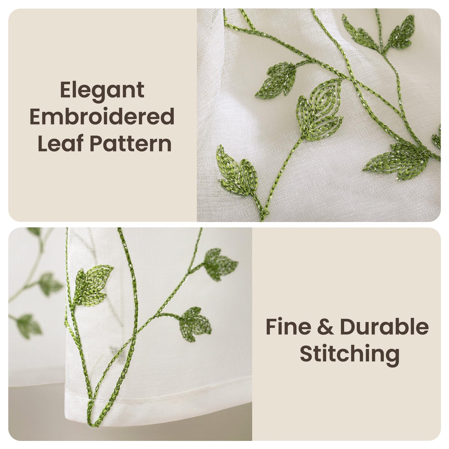 Semi White Sheer Curtains 84 Inches Long 2 Panels Set, White Stem | Embroidered Leaf Patterned Voile Window Treatments for Living Room Bedroom, Airy Light Filtering Grommet Curtains 52"W x 84"L