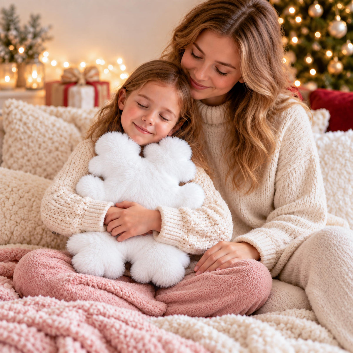 AELS Set of 2 Snowflake Christmas Faux Fur Decorative Throw Pillows, White