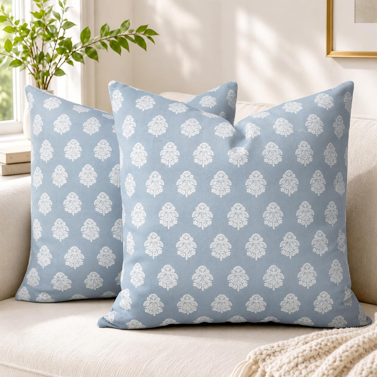 AELS 18x18 Decorative Farmhouse Throw Pillow Covers, Boho Floral Block Print Pillow Covers, Set of 2, Slate Blue Botanical Cushion Covers for Sofa Couch Bed Living Room Bedroom, Cover Only
