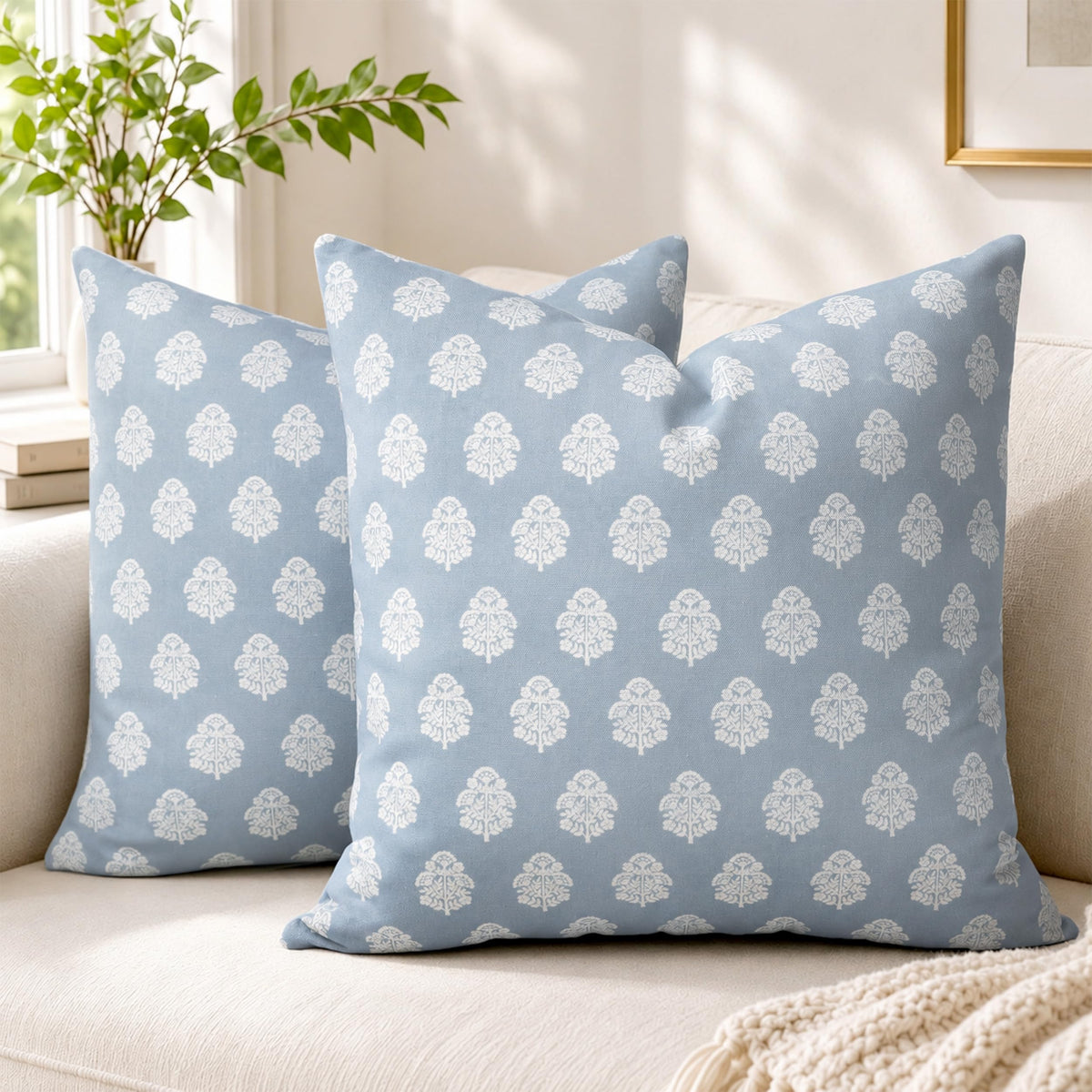AELS 18x18 Decorative Farmhouse Throw Pillow Covers, Boho Floral Block Print Pillow Covers, Set of 2, Slate Blue Botanical Cushion Covers for Sofa Couch Bed Living Room Bedroom, Cover Only
