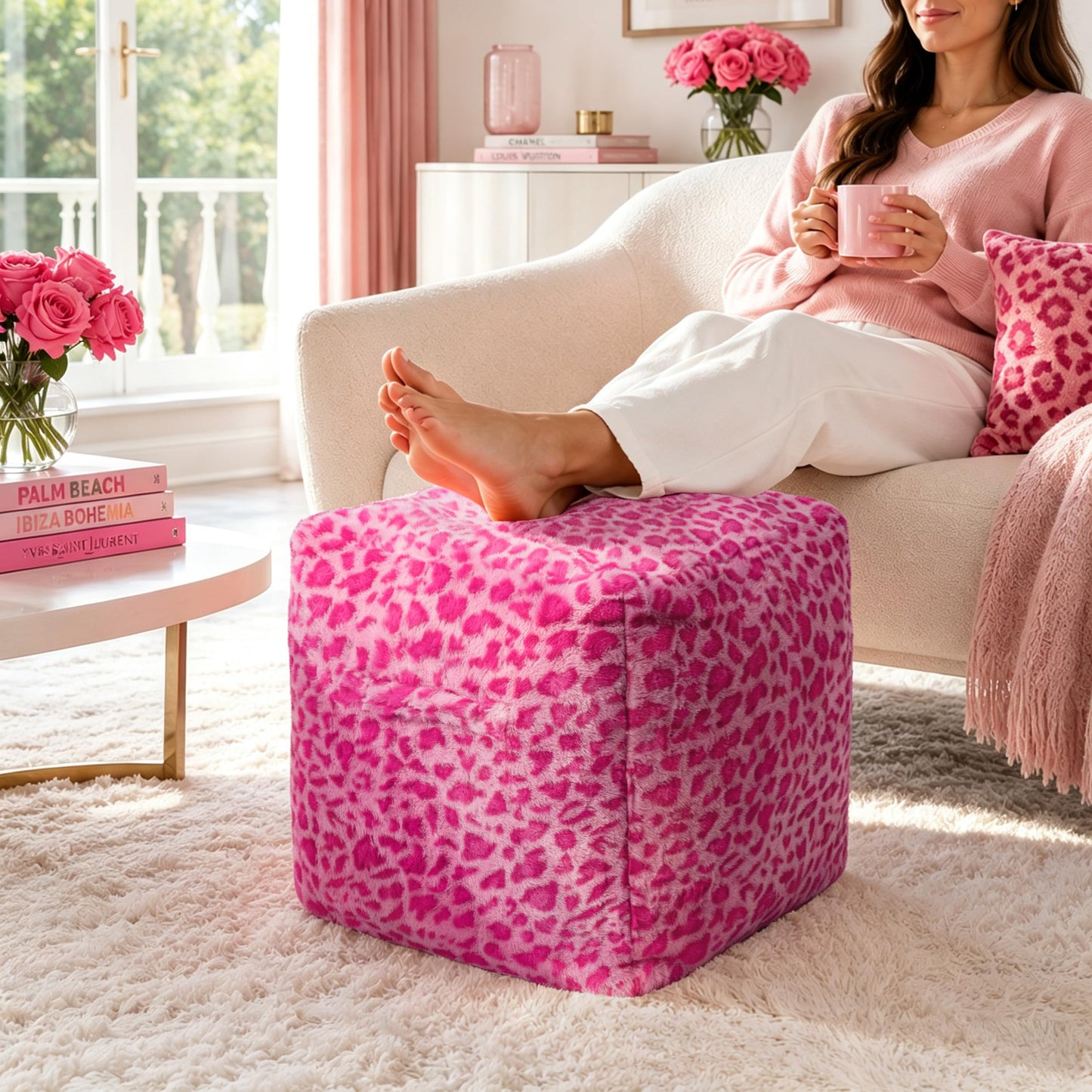 Unstuffed Leopard Cheetah Print Pouf Cover for Living Room, Boho Chic Modern Storage Bean Bag Cube, Soft Faux Fur Ottoman Foot Rest Footstool, 18"x18"x18", Cover ONLY, Natural Leopard