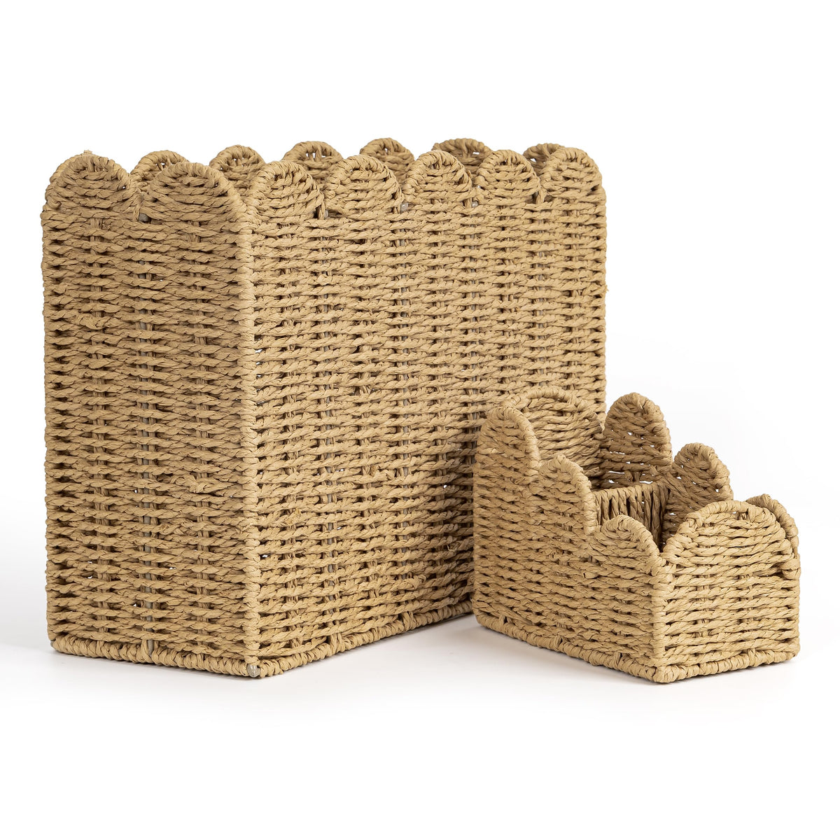 AELS Woven Natural Fibre Magazine Holder, Scalloped Edge Floor Magazine Rack, Hand-woven Organizer, Boho Modern Farmhouse Book Basket, File Newspaper Mail Holder for Office