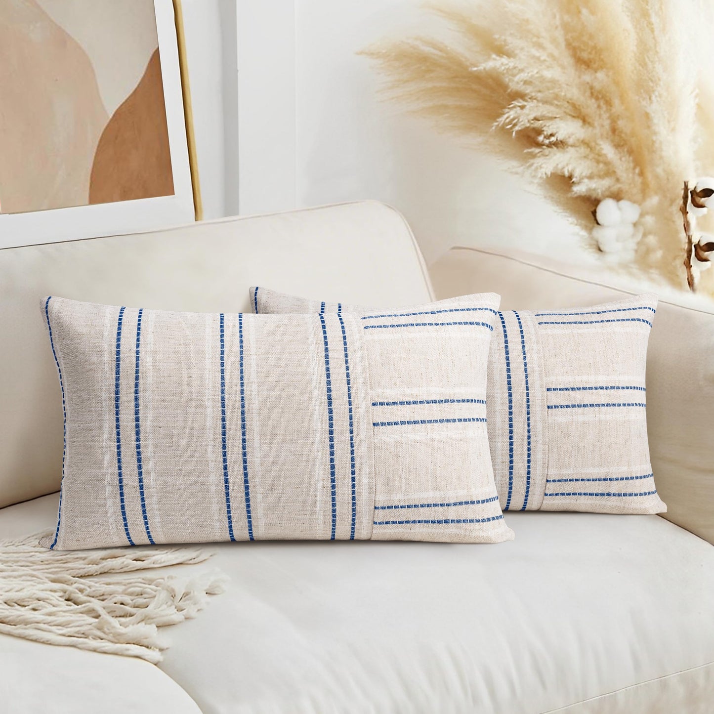 AELS 12x20 Decorative Farmhouse Linen Throw Pillow Covers, Boho Rectangle Lumbar Pillow Case, Set of 2, Beige with White & Gray Stripe Patchwork Cushion Cover for Sofa Couch Living Room (Cover ONLY)