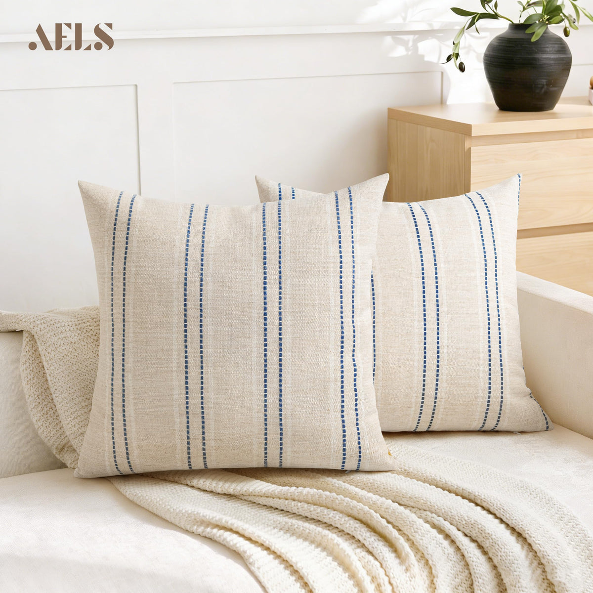 AELS 20x20 Decorative Farmhouse Linen Blend Throw Pillow Covers, Boho Textured Pillow Case, Set of 2, Beige with White & Brown Stitch Yarn Dyed Stripe Cushion Cover for Sofa Living Room (Cover O