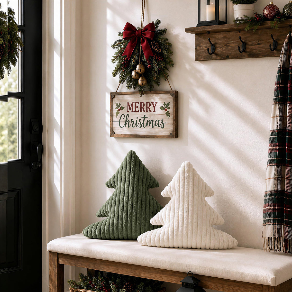 AELS Faux Fur Christmas Tree Decorative Pillow Set of 3, Forest Green Series