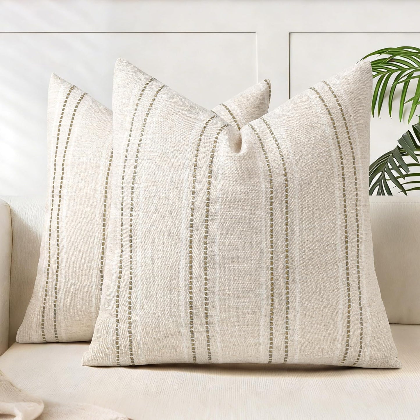 AELS 12x20 Decorative Farmhouse Linen Blend Throw Pillow Covers, Boho Textured Pillow Case, Set of 2, Beige with White & Brown Stitch Yarn Dyed Stripe Cushion Cover for Sofa Living Room (Cover ONLY)