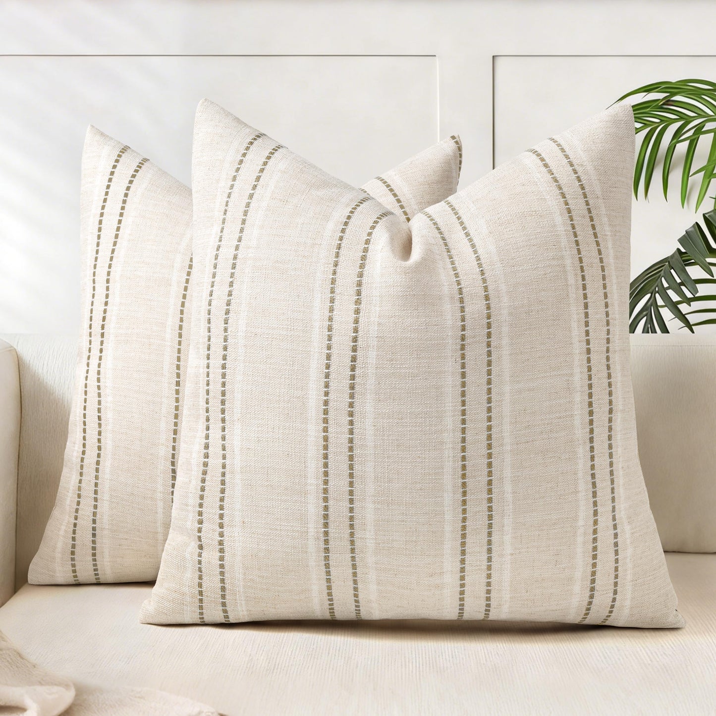 AELS 12x20 Decorative Farmhouse Linen Blend Throw Pillow Covers, Boho Textured Pillow Case, Set of 2, Beige with White & Brown Stitch Yarn Dyed Stripe Cushion Cover for Sofa Living Room (Cover ONLY)