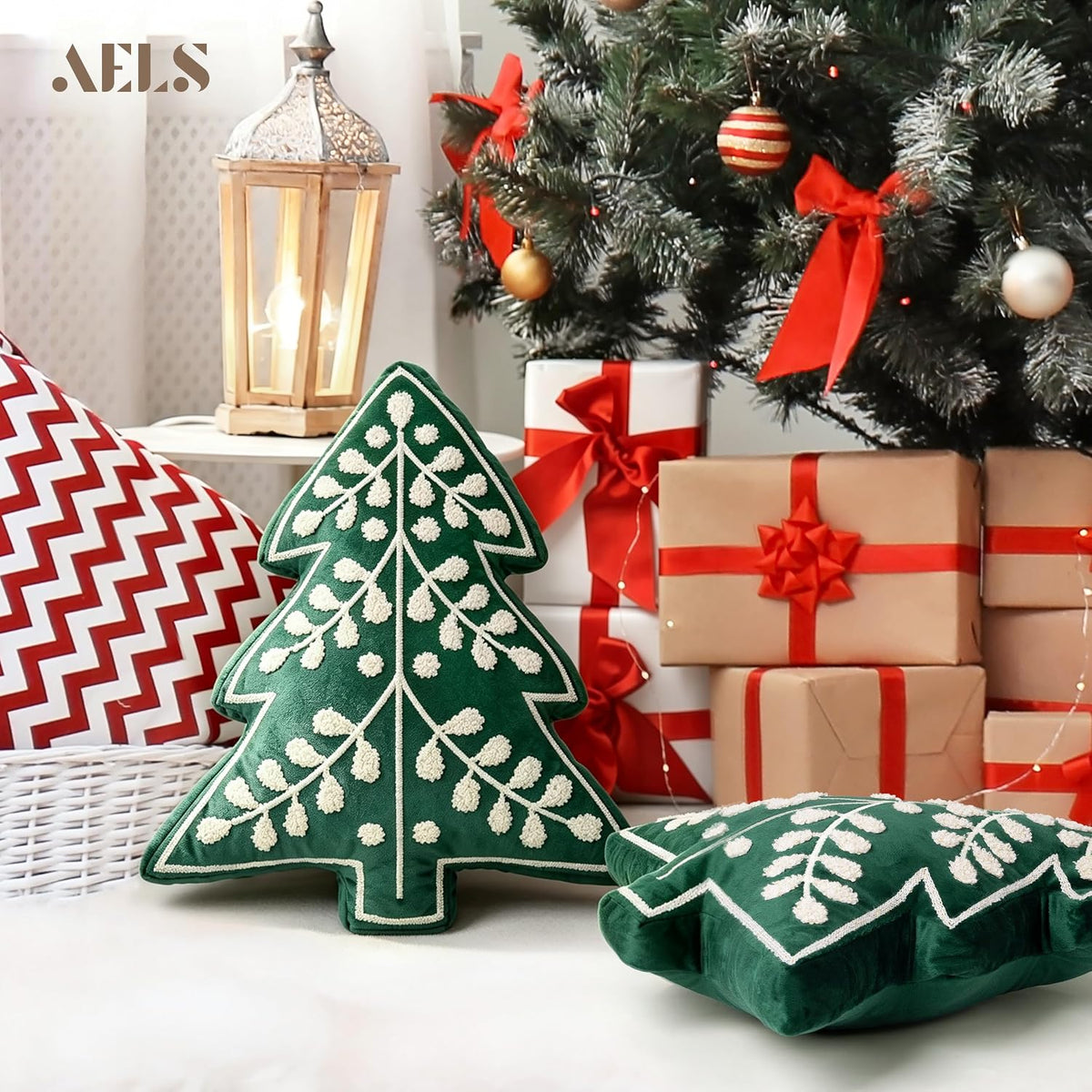 AELS Embroidered 18.5" Merry Christmas Tree Decorative Throw Pillow, Set of 2, Holiday Throw Pillows for Christmas Decor, Plush Tree Shaped Decorative Pillows for Living Room Bedroom Sofa, Green