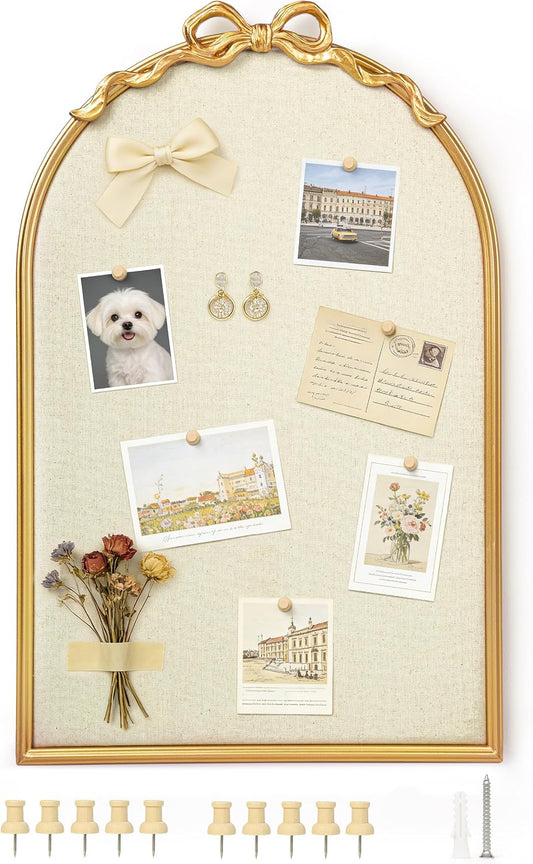 Large Vintage Arched Bulletin Board with Antique Gold Coquette Bow and Metal Frame, Linen Fabric Pin Board, Decorative Wall Memo Board for Home Office, Entryway & Kitchen Décor, 15.9"X24.6"