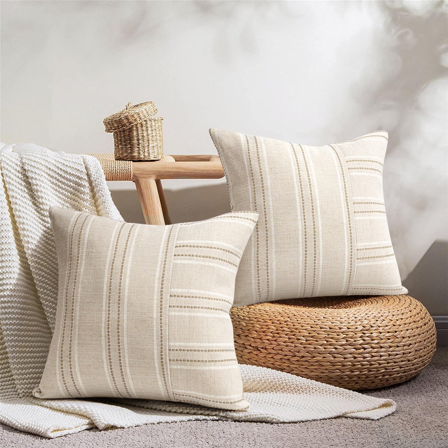 AELS 12x20 Decorative Farmhouse Linen Throw Pillow Covers, Boho Rectangle Lumbar Pillow Case, Set of 2, Beige with White & Gray Stripe Patchwork Cushion Cover for Sofa Couch Living Room (Cover ONLY)