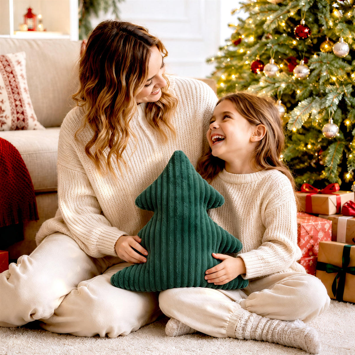 AELS Faux Fur Christmas Tree Decorative Pillow Set of 3, Forest Green Series