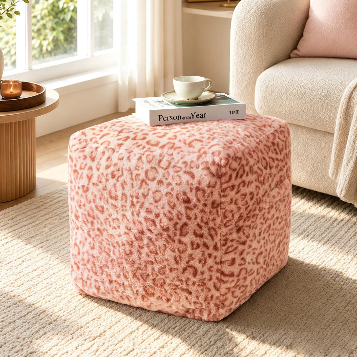 Unstuffed Leopard Cheetah Print Pouf Cover for Living Room, Boho Chic Modern Storage Bean Bag Cube, Soft Faux Fur Ottoman Foot Rest Footstool, 18"x18"x18", Cover ONLY, Natural Leopard