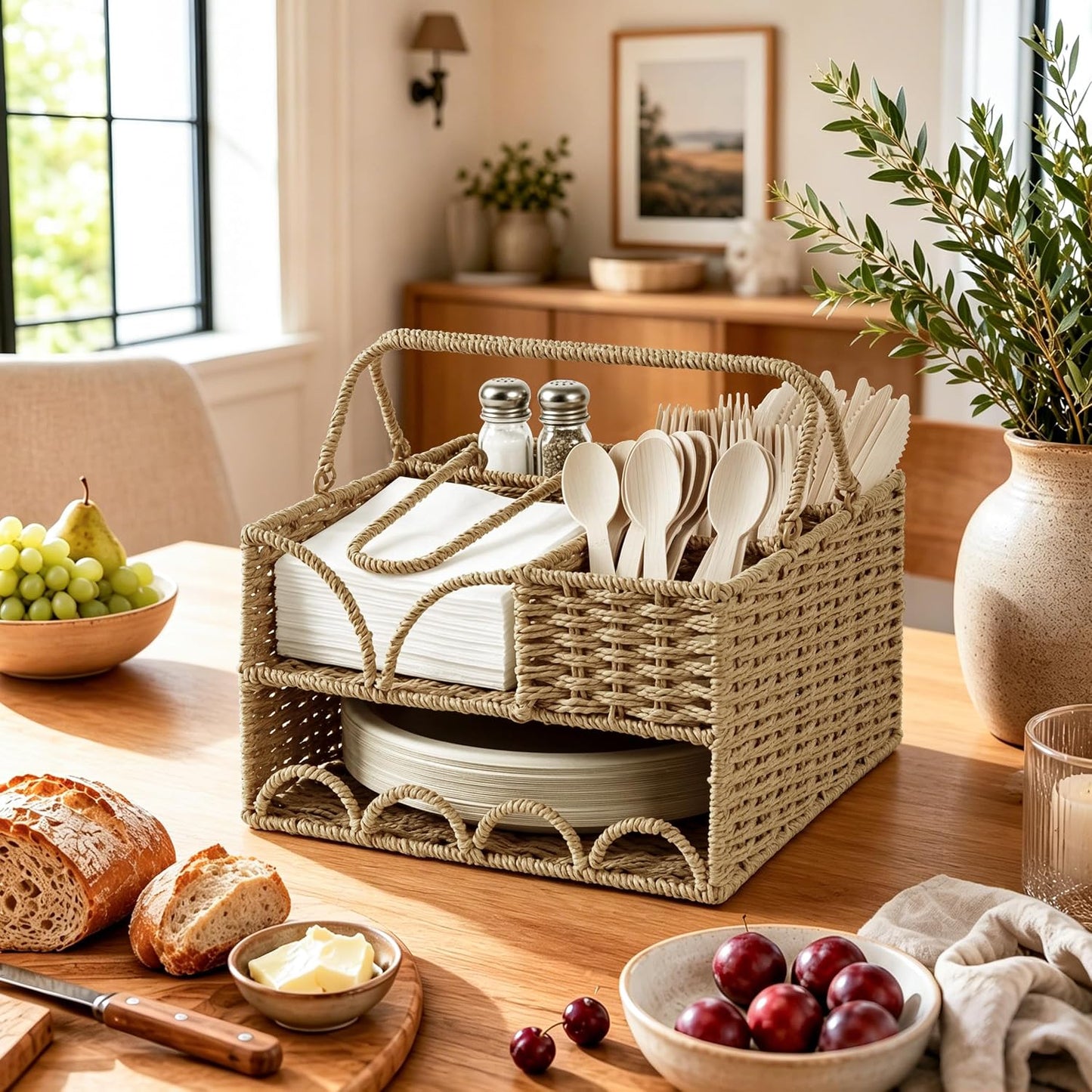 Woven Rattan Utensil Caddy with Handle, Silverware Holder for Napkins, Cutlery, Condiments & Picnic Supplies, Multipurpose Flatware Organizer for Kitchen, Dining, Buffet, BBQ & Party