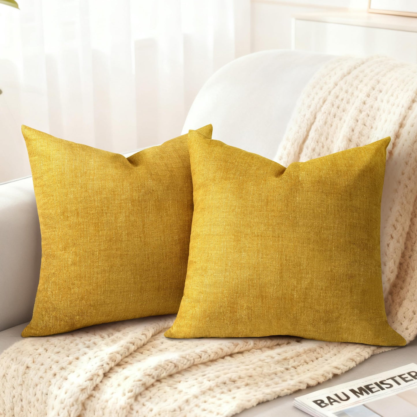 AELS Decorative Throw Pillow Covers 16x16, Set of 2, Soft Textured Look Printed Pillow Case, Modern Farmhouse Cushion Case for Bed Couch Sofa, Mustard Yellow (Covers Only)
