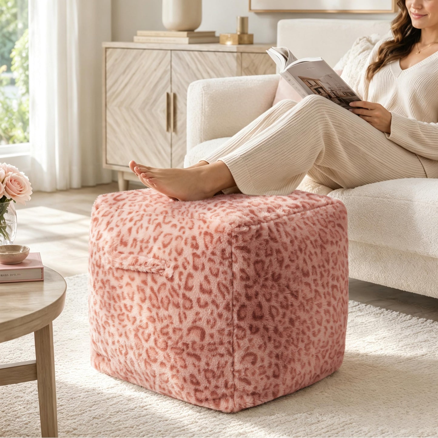 Unstuffed Leopard Cheetah Print Pouf Cover for Living Room, Boho Chic Modern Storage Bean Bag Cube, Soft Faux Fur Ottoman Foot Rest Footstool, 18"x18"x18", Cover ONLY, Natural Leopard