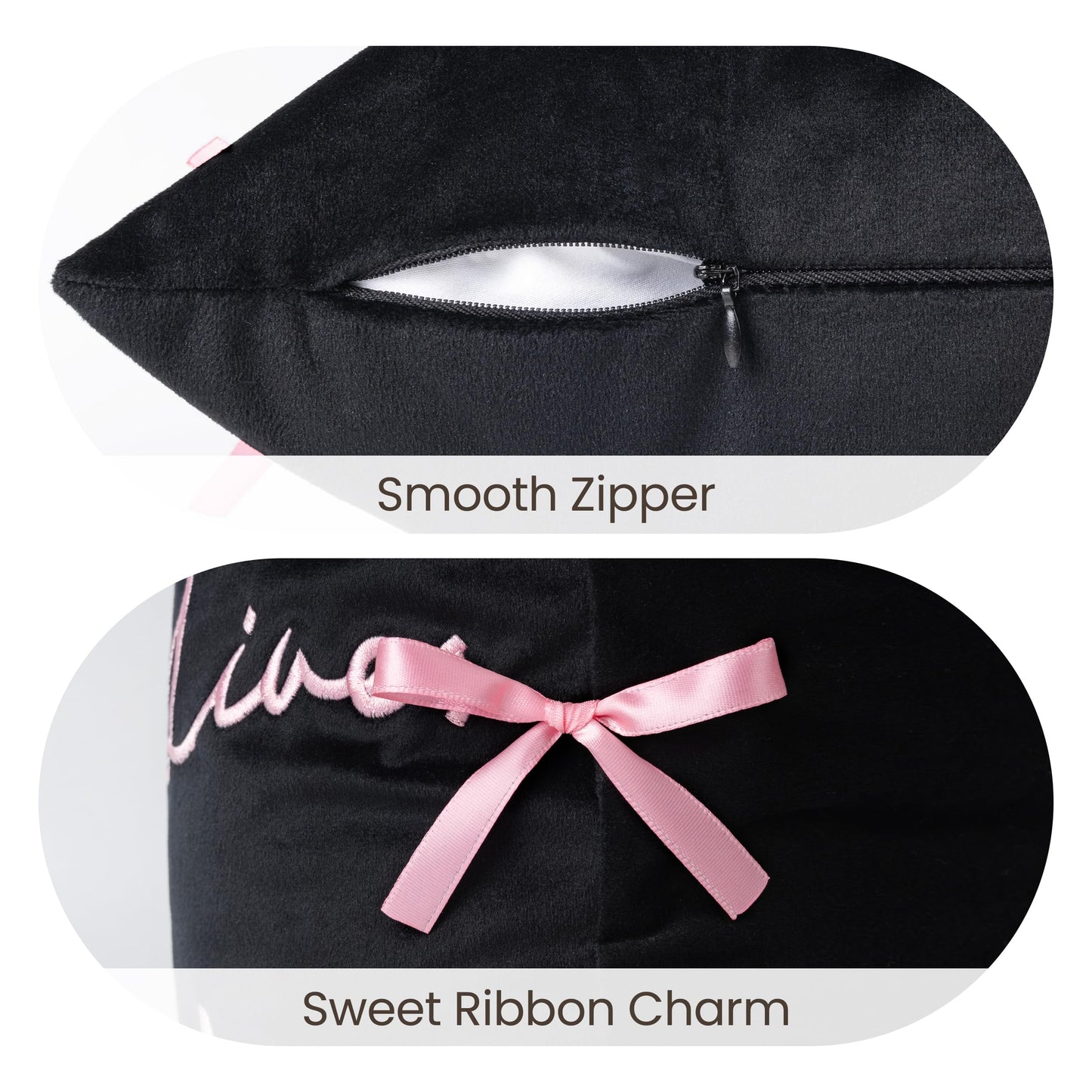 Bow Pillow Cover, Text Design Velvet Bowknot Decorative Pillow Covers for Valentine's Day, Wedding, Christmas, Living Room, Bedroom, Nursery Decor, 18x18 Inch, Love Lives Here, Pink Cream White