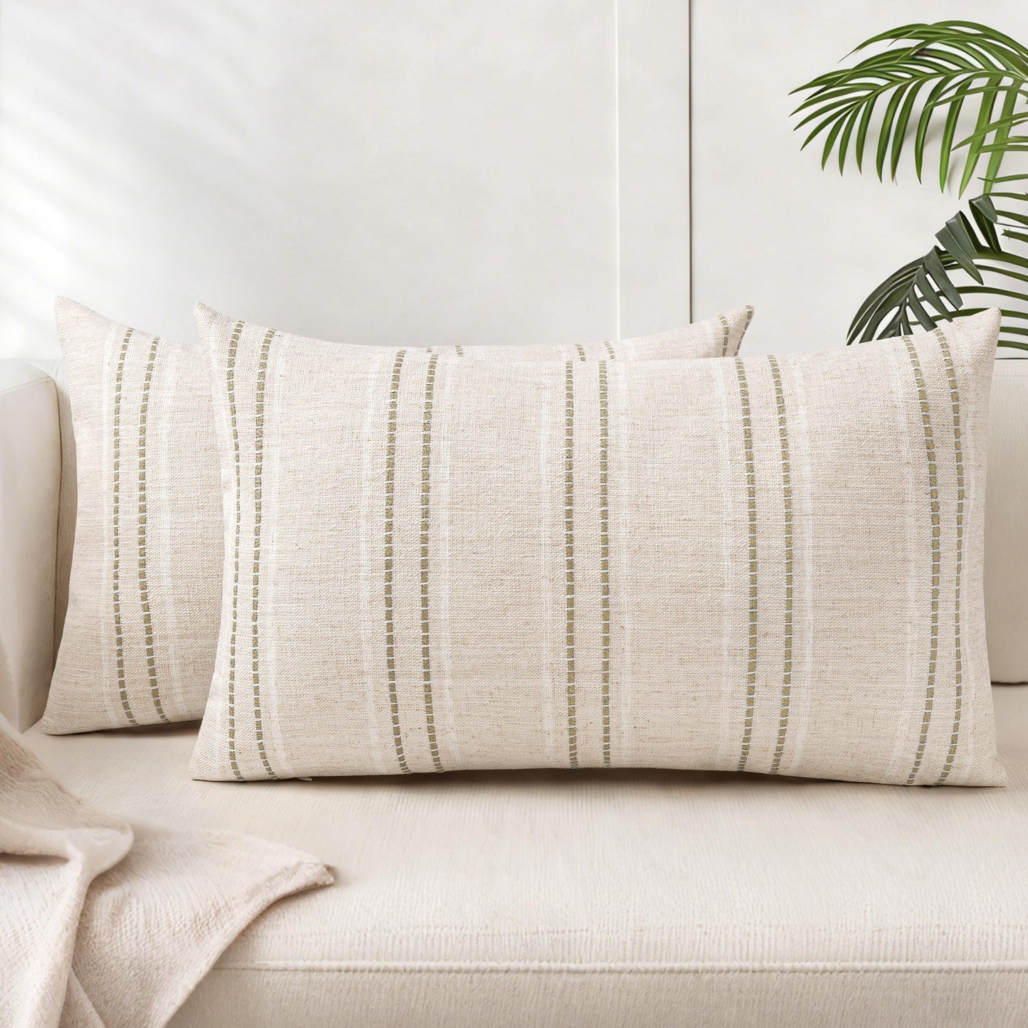 AELS 12x20 Decorative Farmhouse Linen Blend Throw Pillow Covers, Boho Textured Pillow Case, Set of 2, Beige with White & Brown Stitch Yarn Dyed Stripe Cushion Cover for Sofa Living Room (Cover ONLY)
