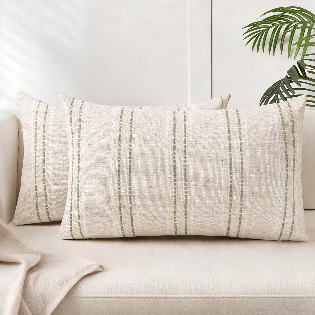 AELS 20x20 Decorative Farmhouse Linen Blend Throw Pillow Covers, Boho Textured Pillow Case, Set of 2, Beige with White & Brown Stitch Yarn Dyed Stripe Cushion Cover for Sofa Living Room (Cover O