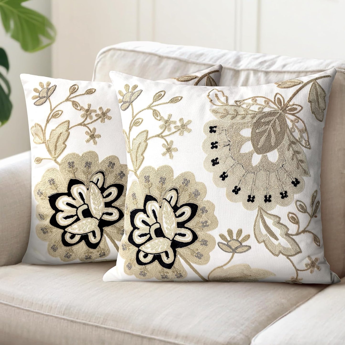 AELS Embroidered Throw Pillow Covers 18"x18" Set of 2, Chic Modern Farmhouse Floral Cotton Cushion Covers for Couch, Sofa, Bed, and Living Room Decor, Sand Bloom