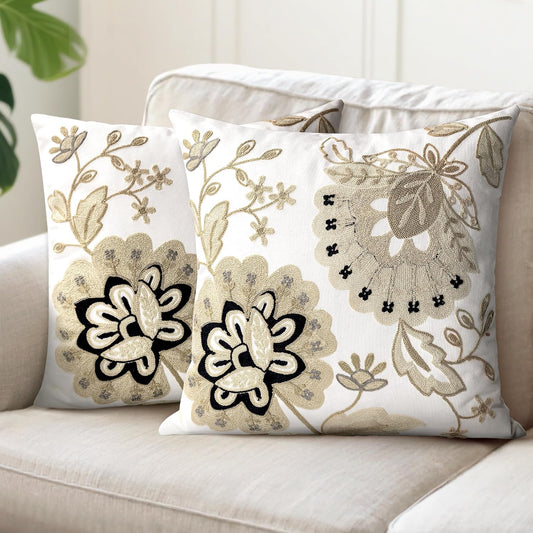 AELS Embroidered Throw Pillow Covers 18"x18" Set of 2, Chic Modern Farmhouse Floral Cotton Cushion Covers for Couch, Sofa, Bed, and Living Room Decor, Sand Bloom